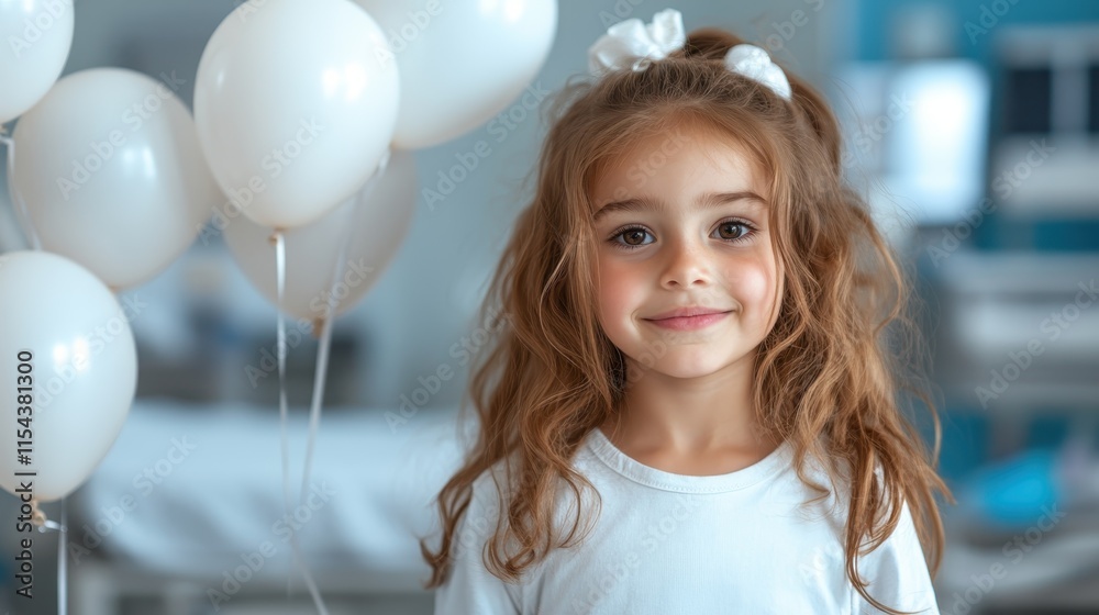 A joyful girl stands with white balloons in a hospital room, displaying a bright cheerful essence, highlighting youth and innocence amidst a medical setting. A joyful girl stands with white balloons in a hospital room, displaying a bright cheerful essence, highlighting youth and innocence amidst a medical setting.