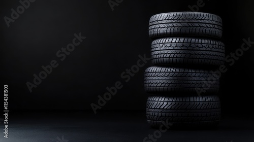 Four tires are neatly stacked on a minimalist, dark background, highlighting their robustness and simplicity in a modern and organized automotive presentation.