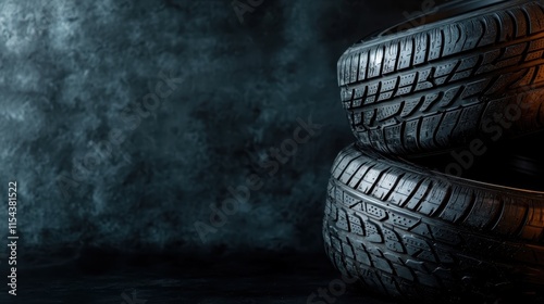 A pair of sleek black tires positioned against a moody, textured background, emphasizing their durability and sophistication in a contemporary automotive context.