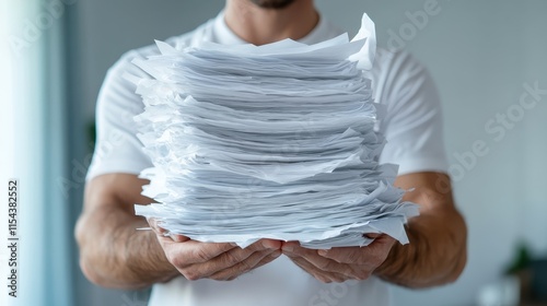 A man in white shirt holds a thick stack of papers, illustrating management duties, workload balance, and conscientious handling of responsibilities. photo