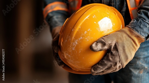 Close-up of a person in work attire holding a scuffed orange helmet, evoking themes of work ethic, diligence, or safety in an industrial setting. photo