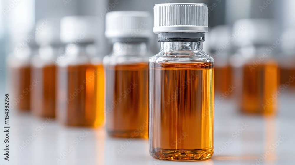 Multiple glass vials filled with orange liquid are arranged systematically on a laboratory table, representing order and scientific investigation. Multiple glass vials filled with orange liquid are arranged systematically on a laboratory table, representing order and scientific investigation.