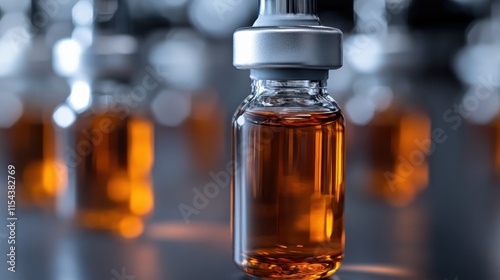 A clear glass dropper bottle filled with amber-colored liquid, showcasing its contents while standing against a blurred background, reflecting modern packaging elegance. photo