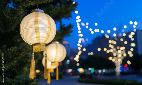 Decorative lanterns illuminate a festive outdoor scene at dusk. photo