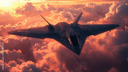 Military stealth aircraft flying through vibrant sunset clouds in striking aerial scene