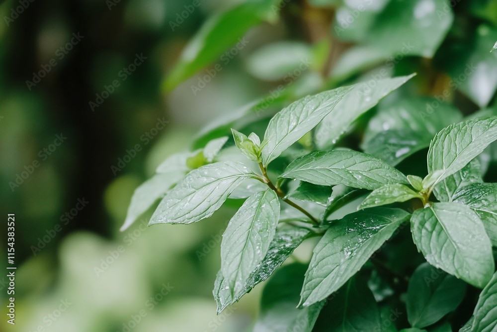 Close-up of lush green leaves with droplets of water. Close-up of lush green leaves with droplets of water.