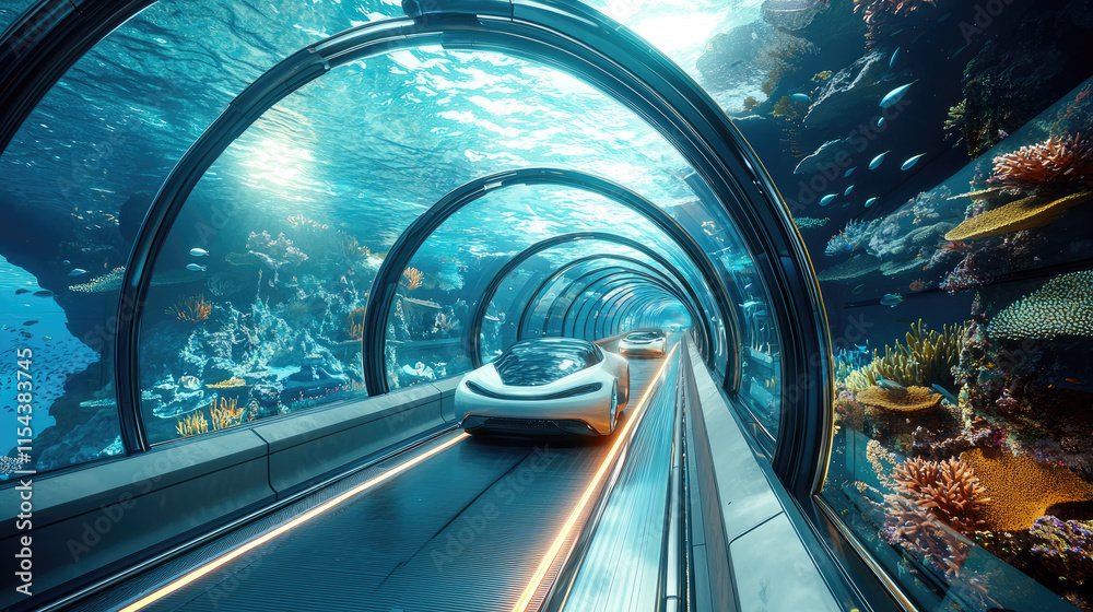 Fototapeta premium Futuristic underwater glass tunnel in ocean with autonomous cars and vibrant coral reef surroundings, concept of sea, future.