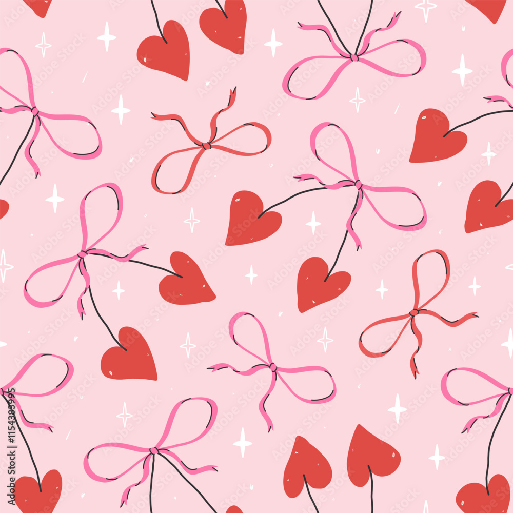 Hand drawn coquette seamless pattern with cherry hearts and bows. Trendy cute girly background. Modern vector print  for wrapping paper, holiday decor, packaging, fabric, textile.