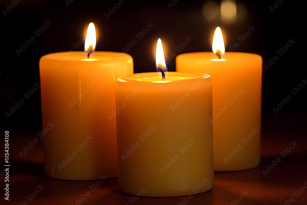 Three candles are burning brightly on a dark background in close-up. Three candles are burning brightly on a dark background in close-up.