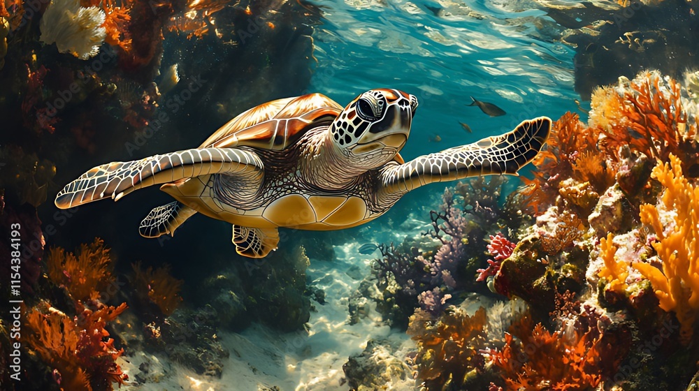 Fototapeta premium Sea turtle gracefully swimming amidst vibrant coral reef.