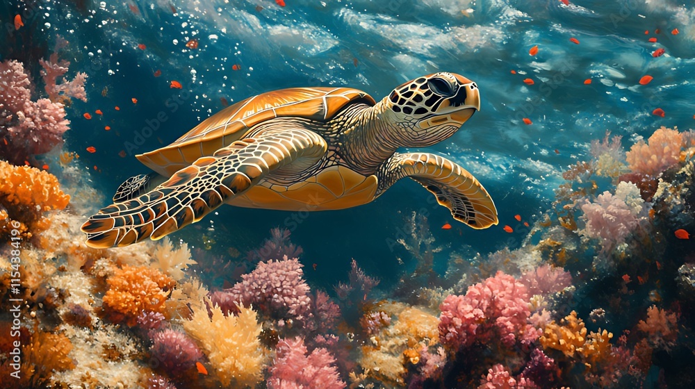 Fototapeta premium Sea turtle gracefully swimming amidst vibrant coral reef and small fish.