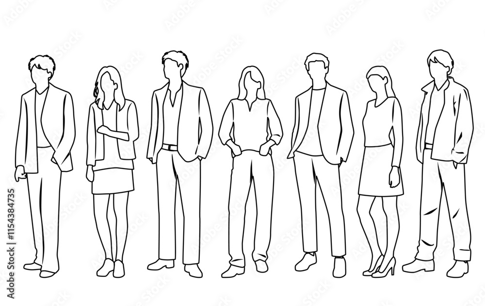 Vector silhouettes of men and women, group of standing business people, profile, hand draw, linear sketch, black and white color, isolated on white background Vector silhouettes of men and women, group of standing business people, profile, hand draw, linear sketch, black and white color, isolated on white background