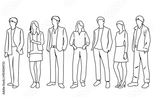 Vector silhouettes of men and women, group of standing  business people, profile, hand draw, linear sketch, black and white color, isolated on white background