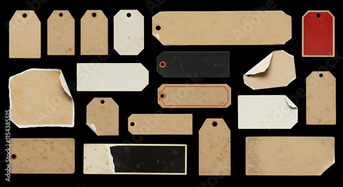 collection of blank old sticker, label, price tag template for mockup. isolated dirty, ripped, half peeled stickers