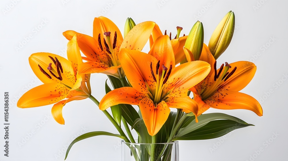 Obraz premium Vibrant orange lilies in a clear glass vase against a white background. The lilies are in full bloom, showcasing their rich color and intricate details. A beautiful and elegant floral arrangement.