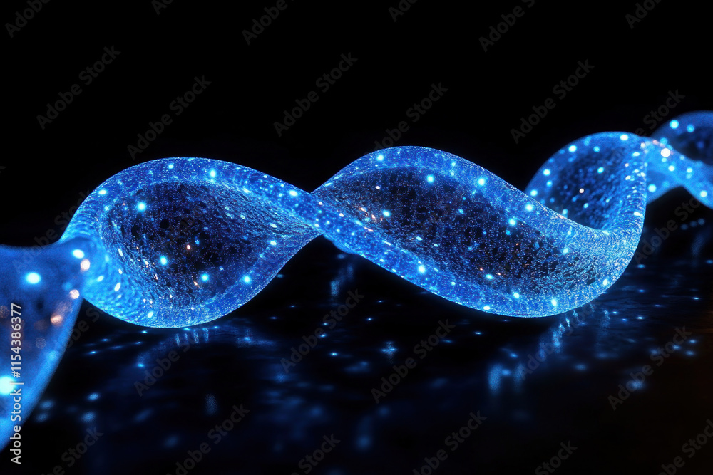 Blue light illuminates a double helix DNA model cast against a dark background, showcasing science and technology concept. Blue light illuminates a double helix DNA model cast against a dark background, showcasing science and technology concept.
