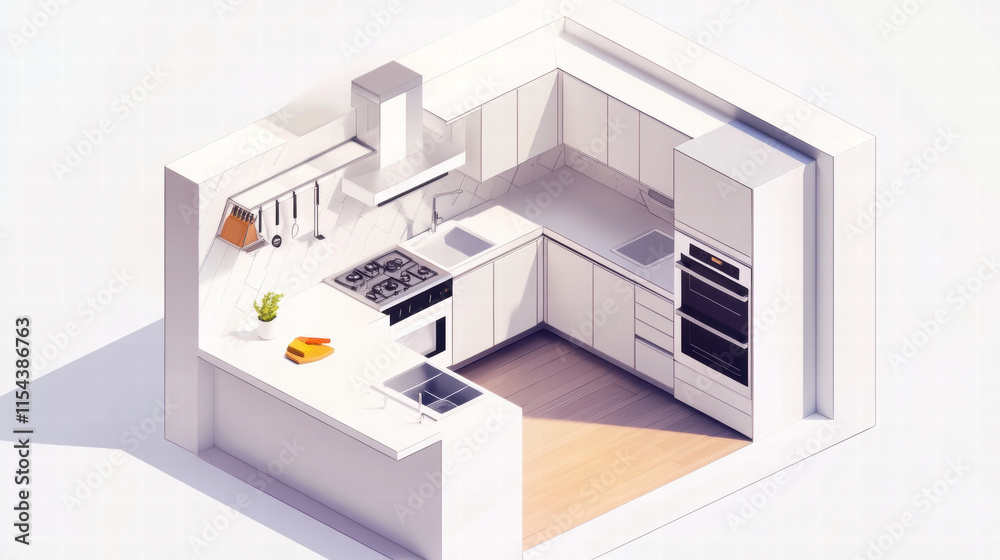 Modern kitchen design with sleek appliances and minimalist decor, featuring corner layout, white cabinetry, and wooden flooring, creating bright and functional space Modern kitchen design with sleek appliances and minimalist decor, featuring corner layout, white cabinetry, and wooden flooring, creating bright and functional space