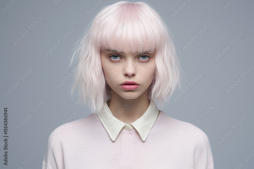 Portrait of a young woman with pink hair, wearing a pink shirt, on a gray background. Portrait of a young woman with pink hair, wearing a pink shirt, on a gray background.