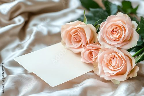 invitación de boda junto a rosas y fondo blanco photo