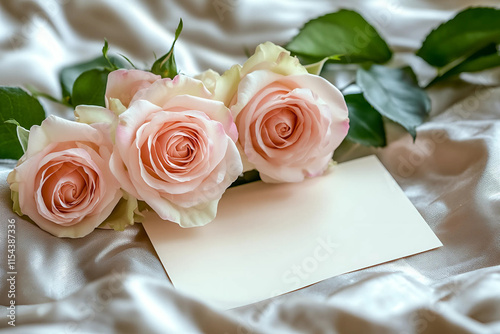 invitación de boda junto a rosas y fondo blanco photo