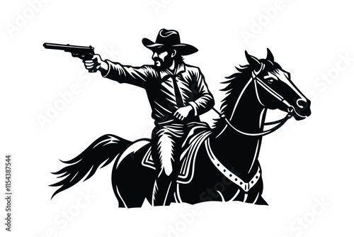 Dynamic Cowboy Silhouette on Horseback with Gun Drawn