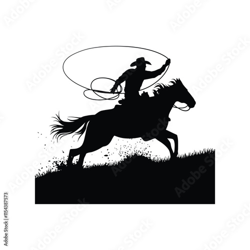 Dynamic Cowboy Silhouette Vector of Horse Riding and Lassoing Action