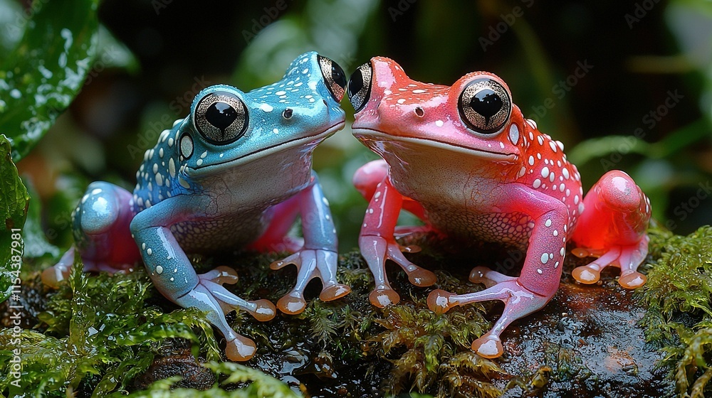 Naklejka premium Colorful frogs perched on tree branches against green background