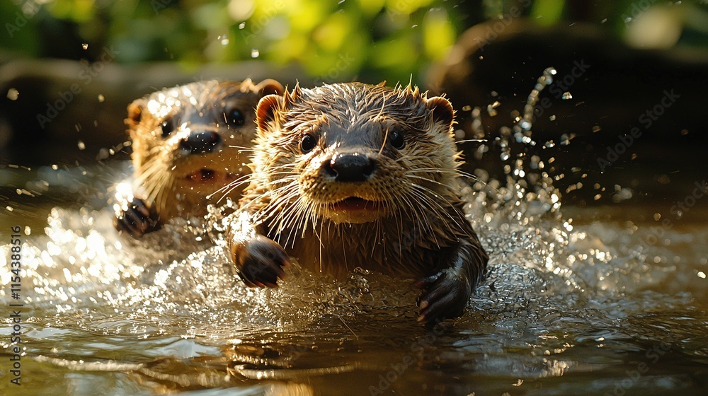 Two wet otters frolic in a body of water, splashing each other with water on their faces and back paws Two wet otters frolic in a body of water, splashing each other with water on their faces and back paws