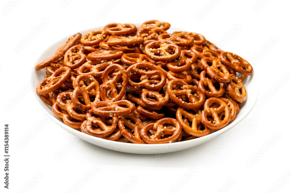 Tasty pretzel crackers in bowl isolated on white Tasty pretzel crackers in bowl isolated on white