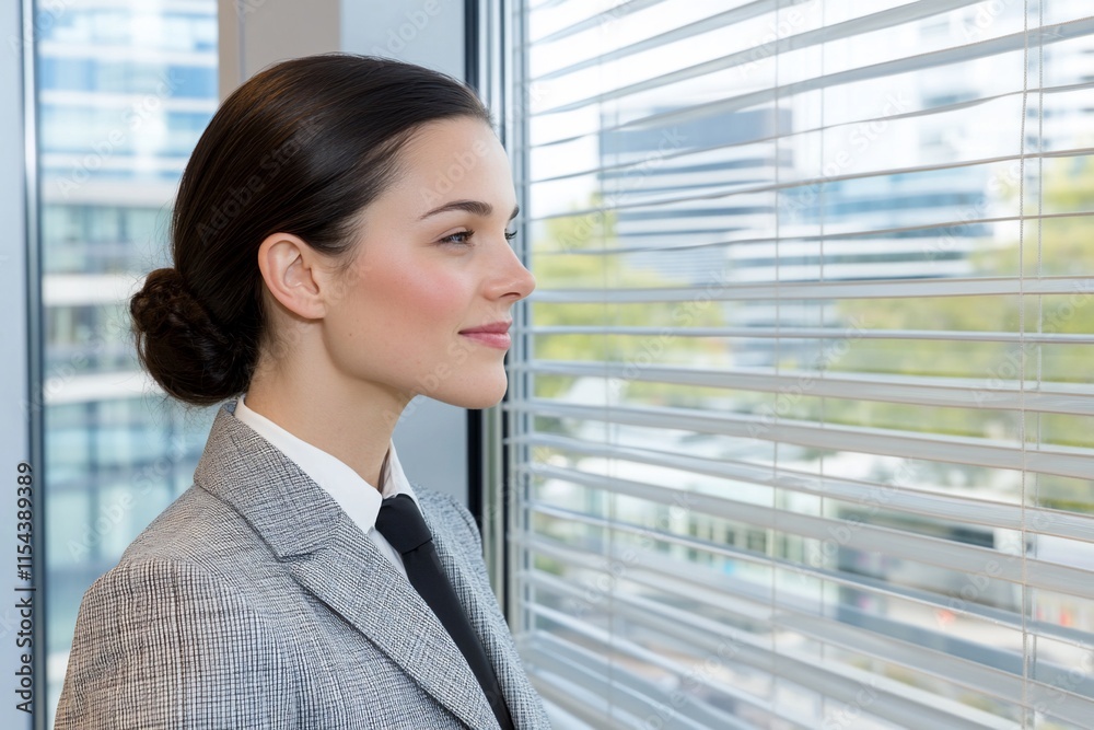 A professional woman gazes thoughtfully out a window in a modern office. A professional woman gazes thoughtfully out a window in a modern office.