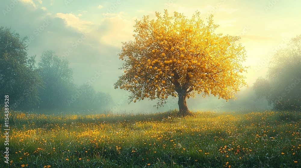 A tree in the center of a field surrounded by yellow flowers and a blue sky A tree in the center of a field surrounded by yellow flowers and a blue sky