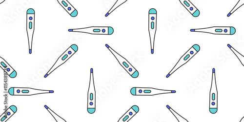 Electronic Thermometer Pattern. Seamless print scattered Temperature measuring device from hospital on white background. Doctor Equipment icon. Flat style, outline. Color image. Vector illustration