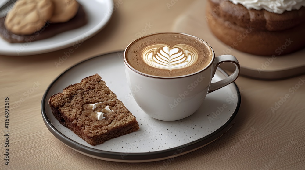 A cup of latte art coffee sits on a speckled plate next to a slice of cake and cookies. The scene is warm and inviting, perfect for a cozy cafe setting. A cup of latte art coffee sits on a speckled plate next to a slice of cake and cookies. The scene is warm and inviting, perfect for a cozy cafe setting.