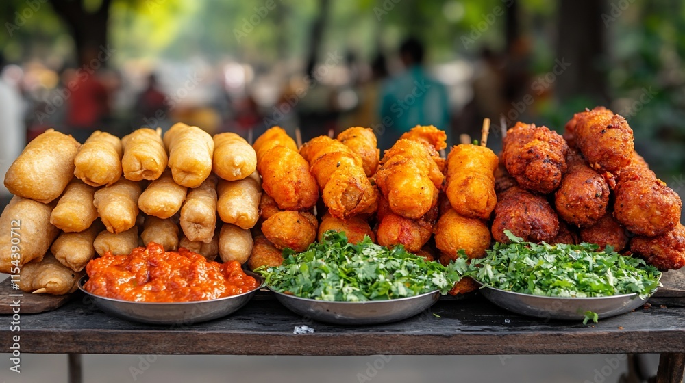 Colorful display of various fried snacks on a street vendor's table. Colorful display of various fried snacks on a street vendor's table.