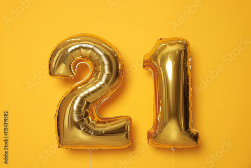 Coming of age party - 21st birthday. Number shaped balloons on orange background photo