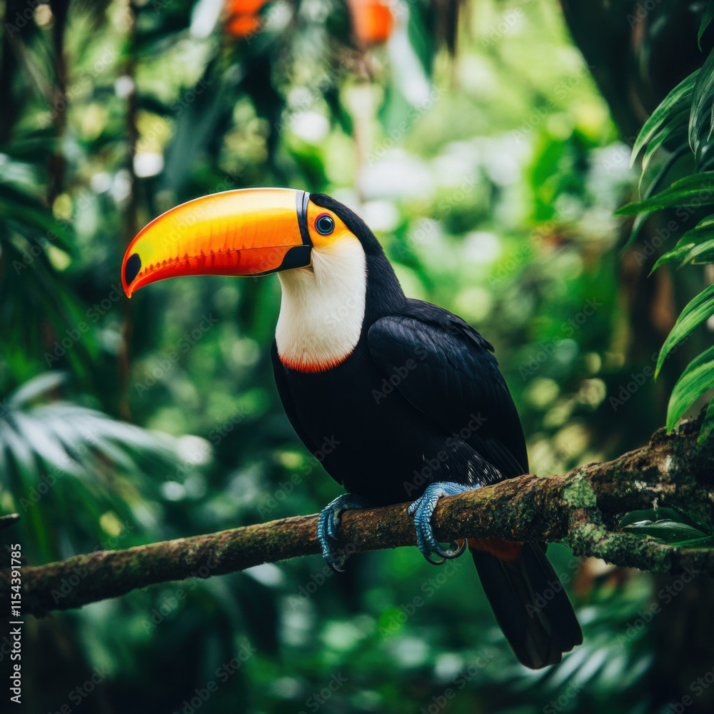 Fototapeta premium vibrant toucan perched on branch in lush tropical rainforest, showcasing its striking orange beak and colorful plumage amidst green foliage