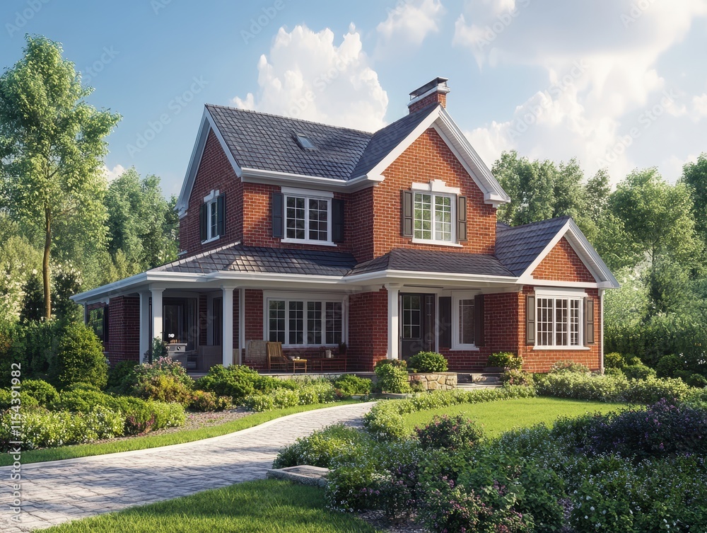 A charming brick house surrounded by lush greenery and a winding pathway. A charming brick house surrounded by lush greenery and a winding pathway.