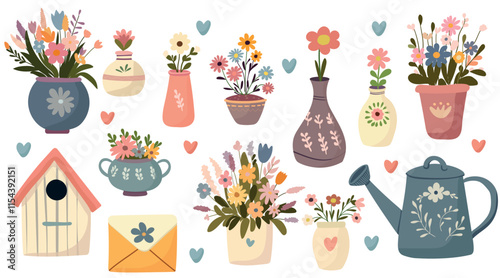 Hello spring, potted flowers, flower sets, for stickers, cards or posters