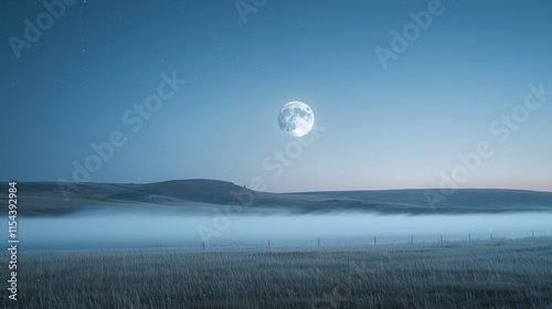 Moonlit Landscape with Soft Mist and Silver Halo Under Clear Night Sky