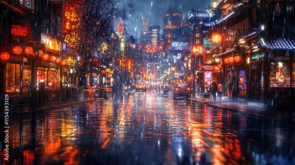 A vibrant city street illuminated by neon lights during a rainy night. A vibrant city street illuminated by neon lights during a rainy night.
