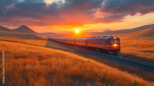 A train travels through a golden landscape at sunset, showcasing nature's beauty and tranquility.