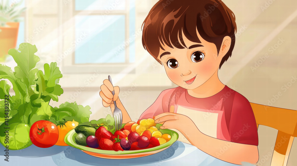 cheerful boy enjoys colorful plate of fresh fruits and vegetables at sunny table. His smile reflects joy of healthy eating cheerful boy enjoys colorful plate of fresh fruits and vegetables at sunny table. His smile reflects joy of healthy eating