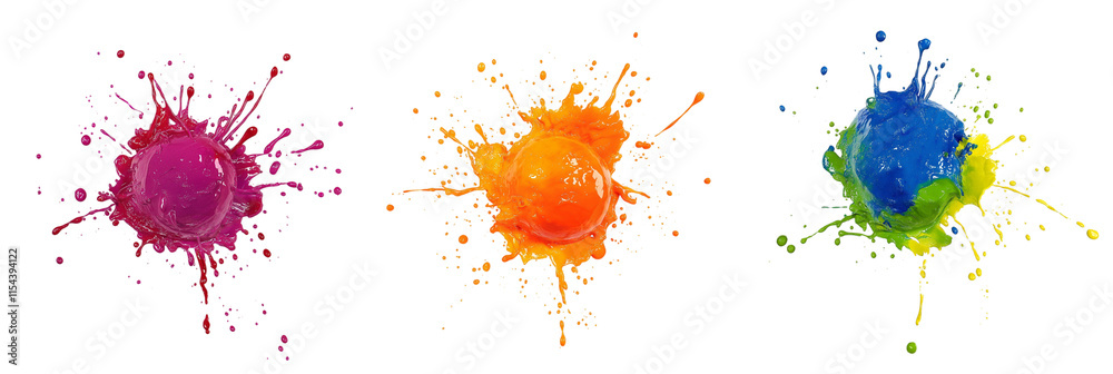 A vibrant collection of multicolored paint splashes, blobs, and splatter effects. Features paintbrush liquid shapes and spots with splashing effects on a transparent background, ideal for creative des