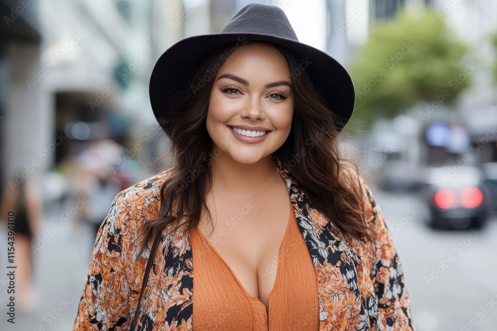The image features a charming woman in a wide-brimmed hat and stylish outfit smiling in a lively city ambiance, capturing the essence of urban spirit and casual elegance. The image features a charming woman in a wide-brimmed hat and stylish outfit smiling in a lively city ambiance, capturing the essence of urban spirit and casual elegance.