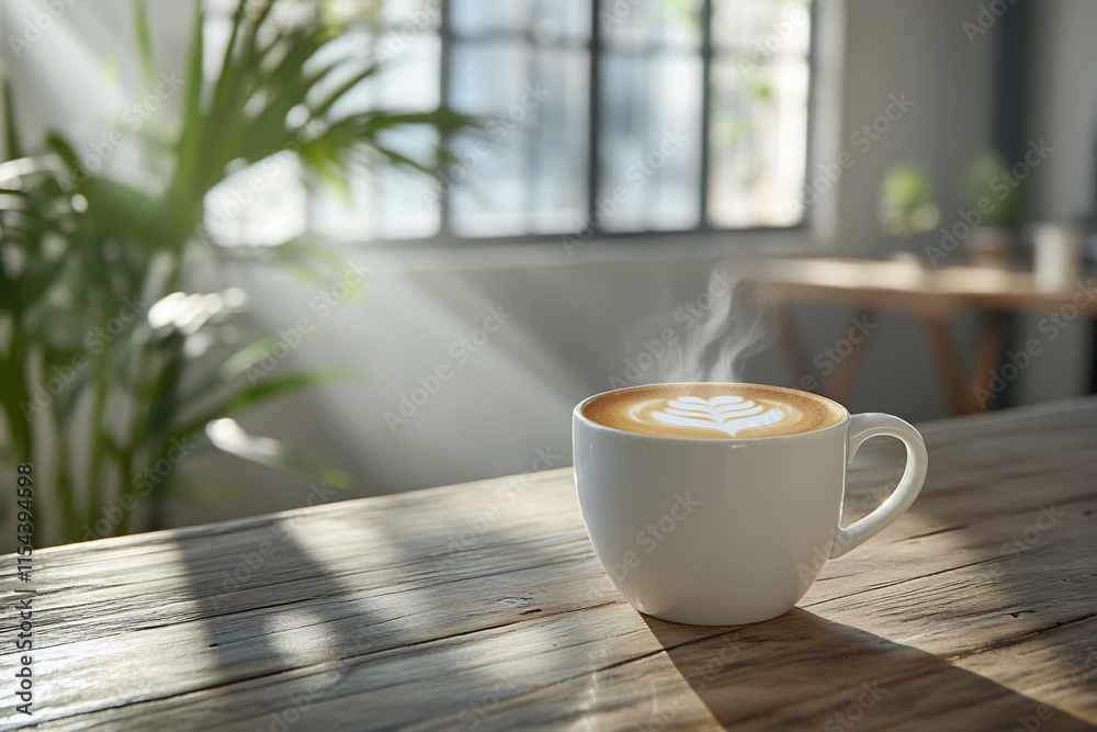 A steaming cup of coffee sits on a wooden table, basking in sunlight. A steaming cup of coffee sits on a wooden table, basking in sunlight.