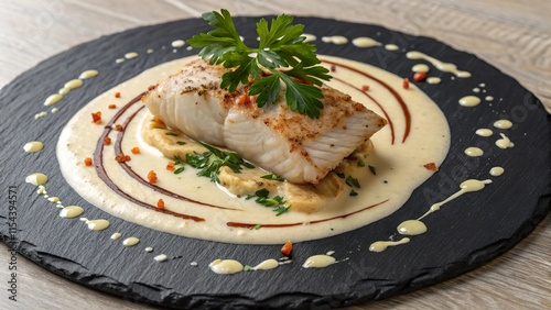 Experience the sophisticated flavors of baccal alla vicentina artfully plated on a slate board photo