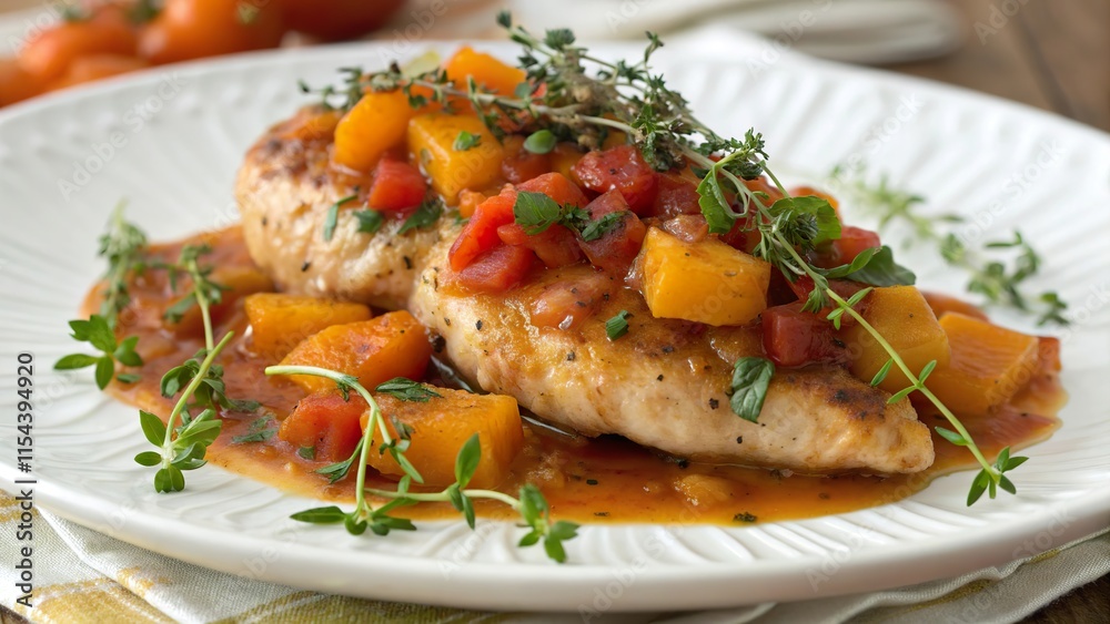 Delicious apricot chicken topped with fresh herbs and vibrant apricot chunks on a white plate Delicious apricot chicken topped with fresh herbs and vibrant apricot chunks on a white plate