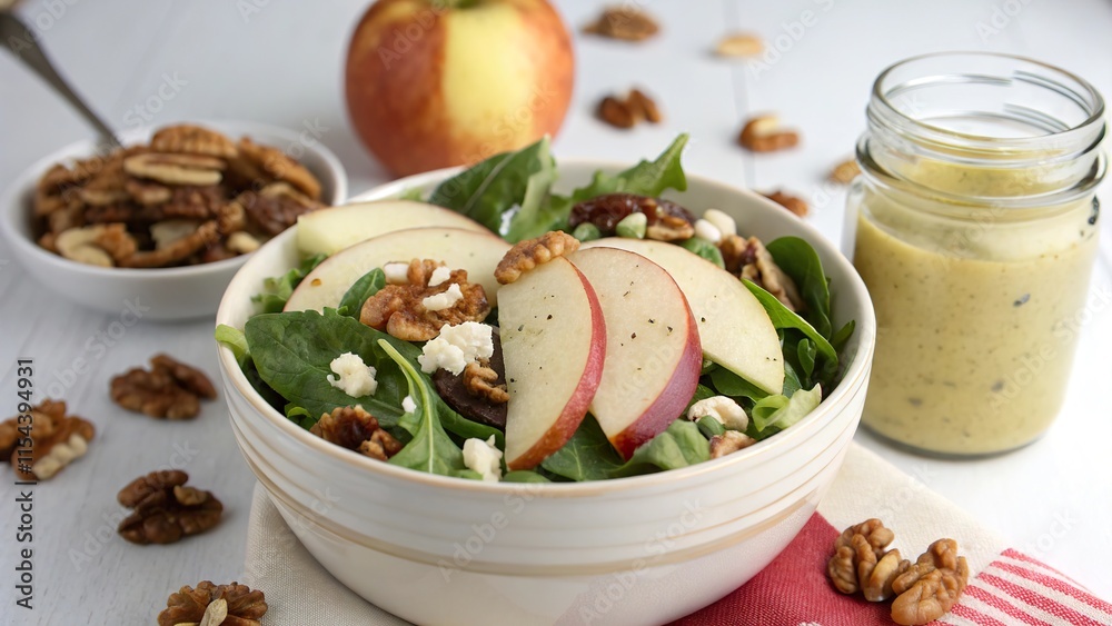 Fresh apple walnut salad with dressing in a bowl surrounded by ingredients on a table Fresh apple walnut salad with dressing in a bowl surrounded by ingredients on a table