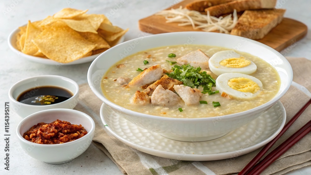 Savoring delicious arroz caldo with crispy chips, boiled eggs, and savory side dishes Savoring delicious arroz caldo with crispy chips, boiled eggs, and savory side dishes