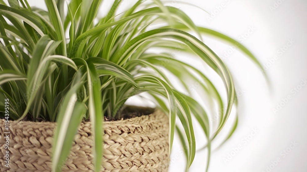 Fototapeta premium Close-up of a vibrant spider plant with variegated leaves in a woven basket. The plant's long, slender leaves cascade over the edge, creating a lush, natural look.